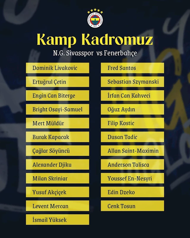 Fenerbahçe’nin, Sivasspor maçı kamp kadrosu açıklandı
