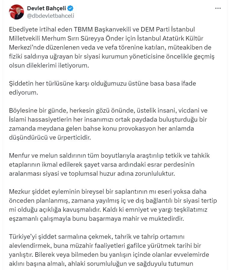 Bahçeli: Şiddetin her türlüsüne karşıyız